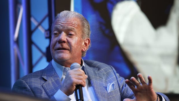 Colts owner Jim Irsay talks to Jeff Saturday during the Colts Town Hall Meeting with their fans and season ticket holders at the Colts Complex Thursday, May 2, 2019. Colts Town Hall Meeting